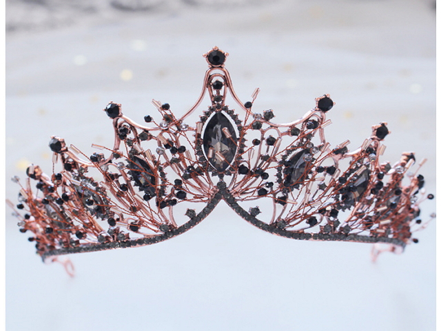 8.4cm Tall Rose Gold Black Crystal Beads Tiara Crown Wedding